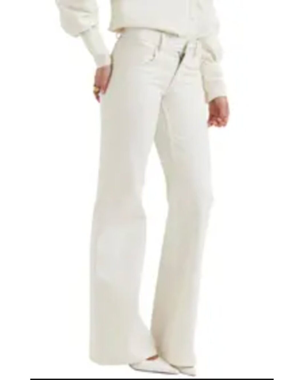 House of CB Marli Women's Ivory Cotton Denim Wide Leg Mid Rise Flared Jeans Sz L